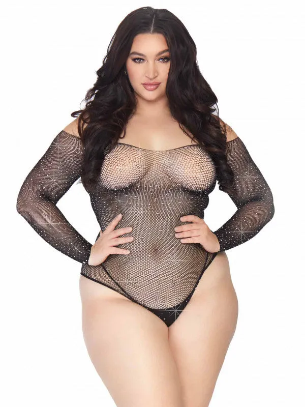 Anal Leg Avenue Rhinestone Snap Crotch Bodysuit 1x2x Black